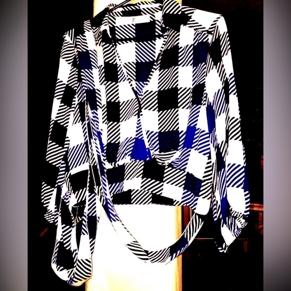 7th Ave NY Plaid Summer Blouse, Wrap Belt Bow, New Size M